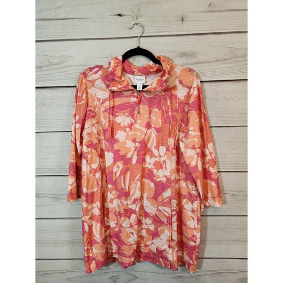 Weekends by Chico's Womens Orange Pink Floral Cotton Quarter Zip Blouse Size L - Picture 1 of 6